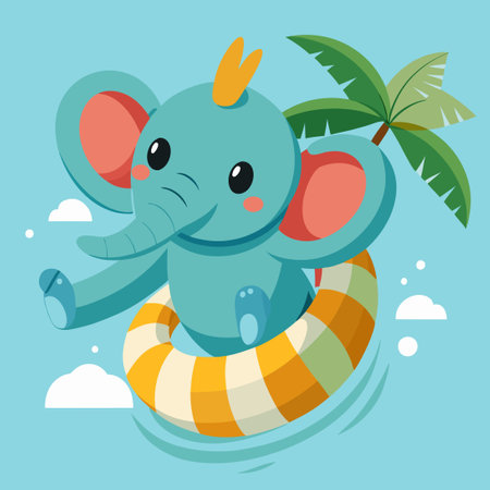 Adorable Elephant Taking a Joyful Swim with Flotation Ringsのイラスト素材