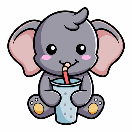 Cute Elephant Sipping on Refreshing Boba Milk Teaのイラスト素材