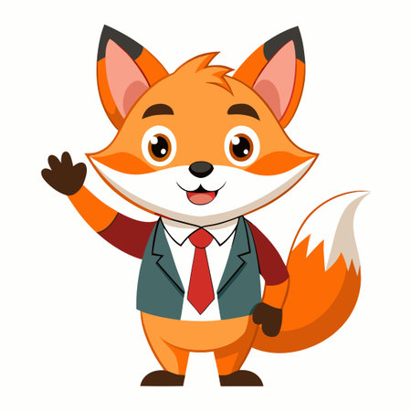Adorable Cartoon Fox Clad in a Tie and Waving Enthusiasticallyのイラスト素材