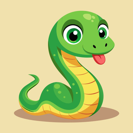 Cartoon Illustration of an Adorable Green Snake with an Expressive Face