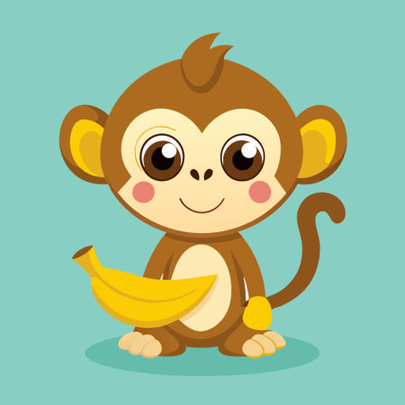 Cartoon Illustration of an Adorable Monkey Hugging a Banana