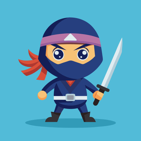 Adorable Ninja with Katana in a Flat Cartoon Styleのイラスト素材