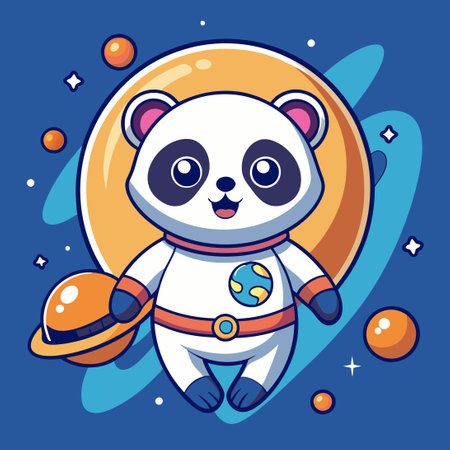 Adorable Panda Astronaut Soaring through the Cosmos in a Cartoonish Adventureのイラスト素材