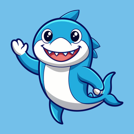 Adorable Blue Shark Munching on Pork Bone with Waving Finのイラスト素材