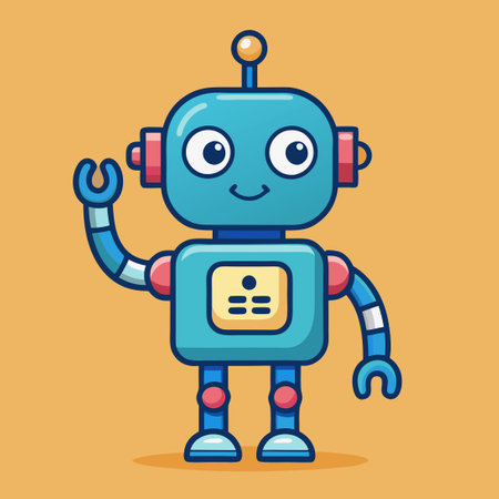 Adorable Cartoon Robot Greeting with a Friendly Hand Waveのイラスト素材