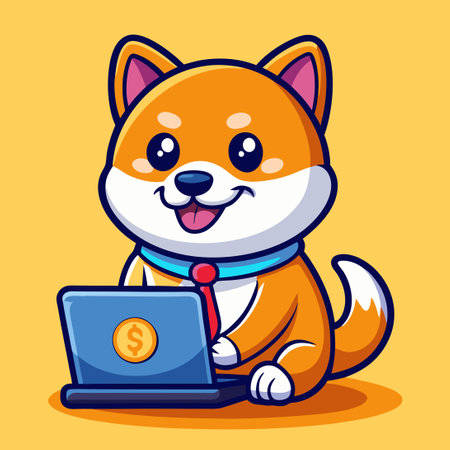 Adorable Shiba Inu Laptop Worker on Golden Cryptocurrency Coinのイラスト素材