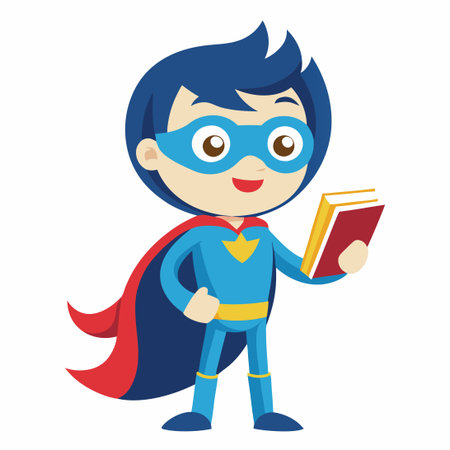 Adorable Superhero Bookworm: Cute Cartoon Superhero Embracing Knowledgeのイラスト素材