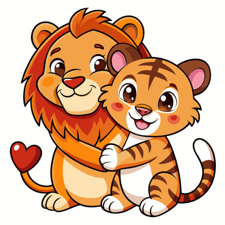 Adorable Cartoon of a Tiger and Lion Embracing in a Heart Shapeのイラスト素材