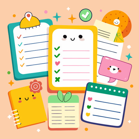Set of cute kawaii notes and stickers. Vector illustration.