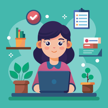 Adorable Female Office Worker Cartoon Character with Heart Backgroundのイラスト素材