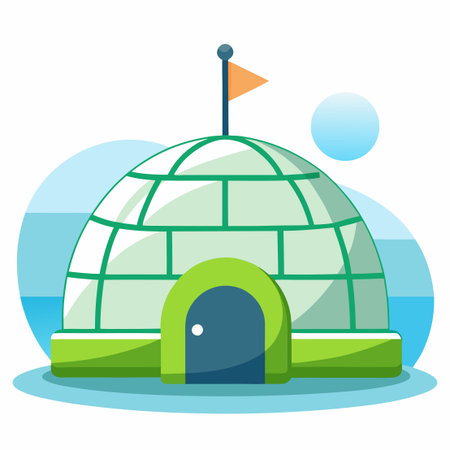 Cartoon Vector Icon Illustration of an Igloo with an Ice Block and a Flag