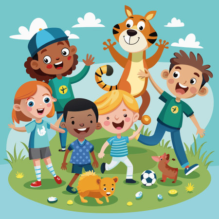 Kids Laughing with Adorable Animal Friends in a Playful Momentのイラスト素材