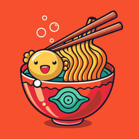 Cartoon Vector Icon of Ramen Noodles with Fish and Chopsticksのイラスト素材