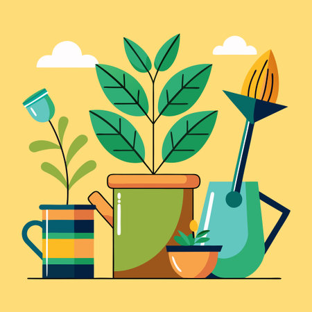Charming Cartoon Icon Depicting a Plant Pot, Kettle, and Shovelのイラスト素材