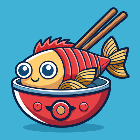 Chopstick-Held Bowl of Noodle Fish in Cartoon Styleのイラスト素材