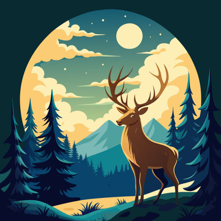 Vintage Silhouette of a Majestic Deer in Moonlit Pine Forest Logoのイラスト素材