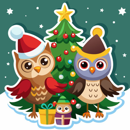 Cartoon Christmas Celebration with Owl Stickersのイラスト素材