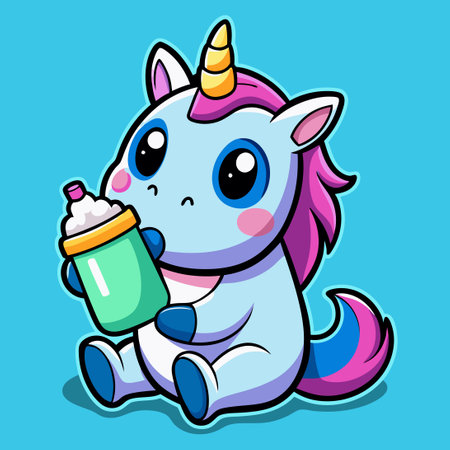 Adorable Cartoon Unicorn with Birthday Confetti and Giftのイラスト素材