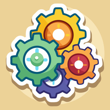 Cartoonish Depiction of Gears with a Playful Sticker Twist (3)のイラスト素材