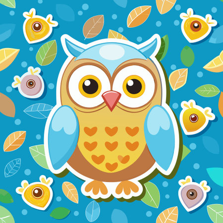 Vibrant Cartoon Owls Embellished Seamless Pattern Sticker Designのイラスト素材