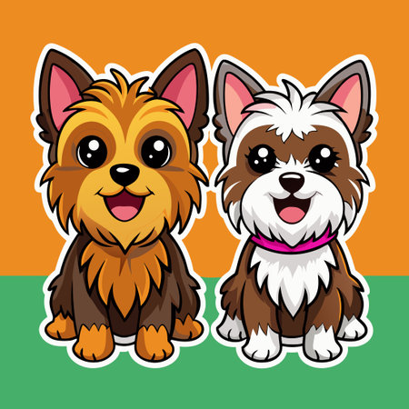 Adorable Cartoon Sticker Collection of Cute Yorkshire Terrier Dogsのイラスト素材