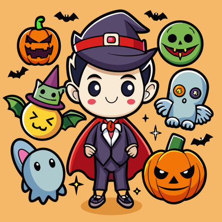 Spooky and Adorable Cartoon Stickers: A Set of Halloween Illustrationsのイラスト素材