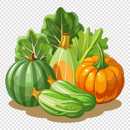 Collection of Organic Pumpkin, Zucchini, and Romain Lettuce Harvestのイラスト素材