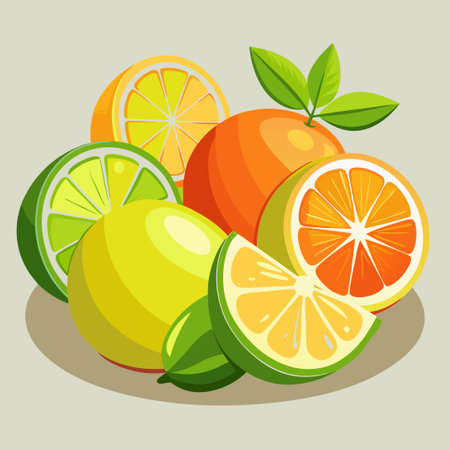 Full Sliced Organic Citrus Fruits Assortment on a Natural Backgroundのイラスト素材