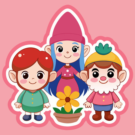Cute Cartoon Sticker Featuring Two Gnomes and a Girl on a Porchのイラスト素材