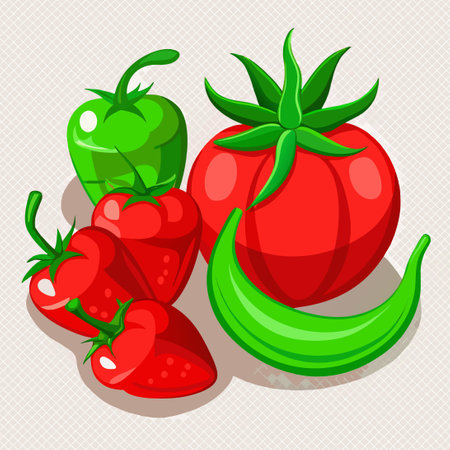 Vibrant Assortment of Ripe Organic Tomatoes and Green Chili Peppersのイラスト素材