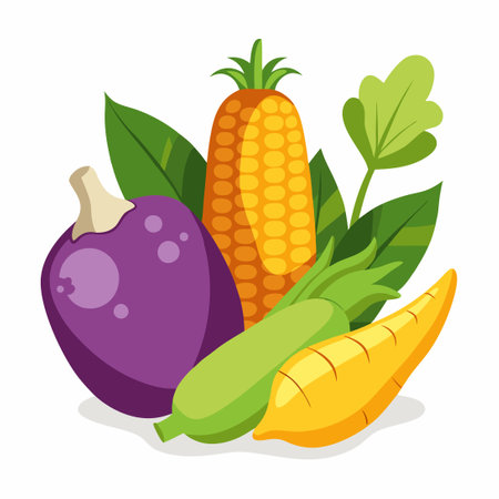 Harvest Bounty: Vibrant Organic Vegetables of Sweet Corn, Sweet Potato, and Eggplantのイラスト素材
