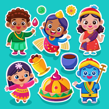 Vibrant and Playful Collection of Childlike Holi Festival Stickersのイラスト素材