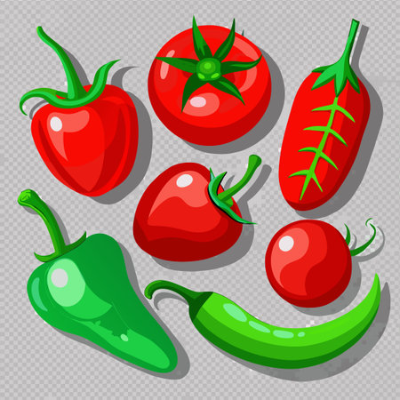 Vibrant Harvest of Luscious Tomatoes and Crisp Green Chili Peppersのイラスト素材