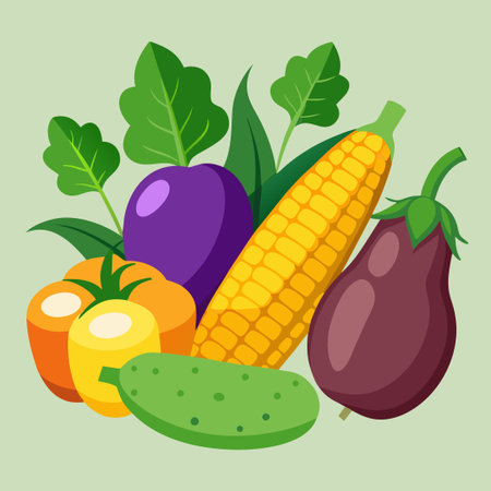 Vibrant Harvest of Organic Sweet Corn, Potatoes, and Eggplantsのイラスト素材