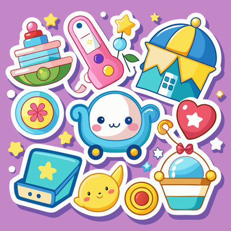 Adorable Nursery Accessories Sticker Set with Cartoon Designsのイラスト素材