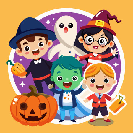 Adorable Cartoon Halloween Kids Stickers with Spooky Charmのイラスト素材