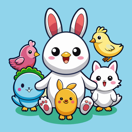 Adorable Cartoon Collection of White Rabbits with Cute Expressionsのイラスト素材