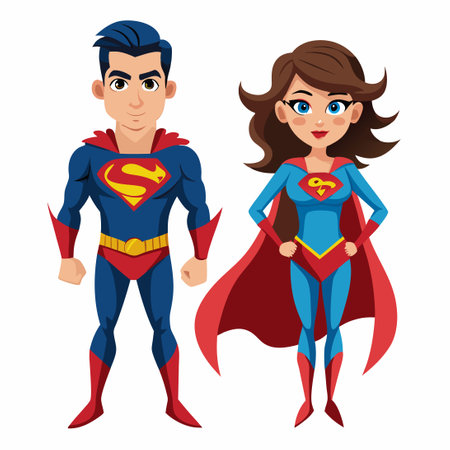 Dynamic Superhero Duo Soaring Through the Skies in Epic Cartoon Adventureのイラスト素材