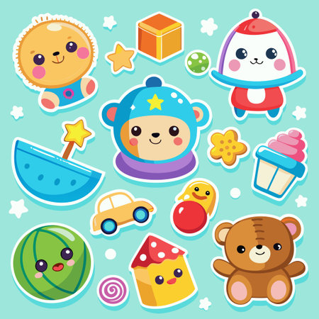 Adorable Cartoon Sticker Set Featuring Children's Toys and Accessoriesのイラスト素材