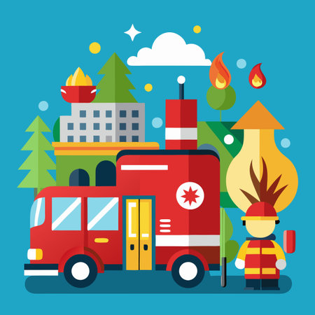 Flat Vector Illustration Depicting Firefighter's Role in Emergency Situations