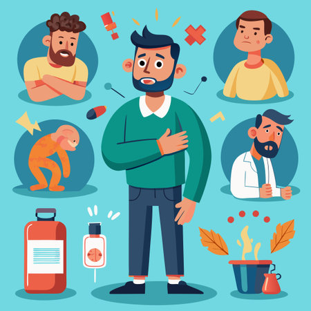 Man Suffering from Severe Migraine Headache Pain in Various Body Areasのイラスト素材