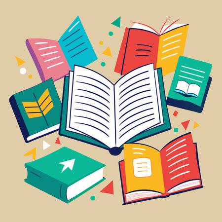 Colorful Open Books Doodle with Stacked Book Coversのイラスト素材