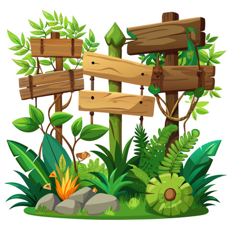 Wooden Signboards Immersed in Lush Jungle Surroundings with Exotic Plantsのイラスト素材