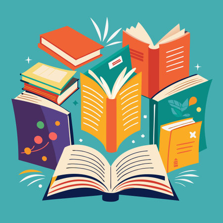 Open Books Adorned with Vibrant Covers, Unlocked and Ready to Exploreのイラスト素材