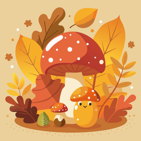 Autumnal Scene with Mushrooms, Leaves, and a Hidden Creatureのイラスト素材