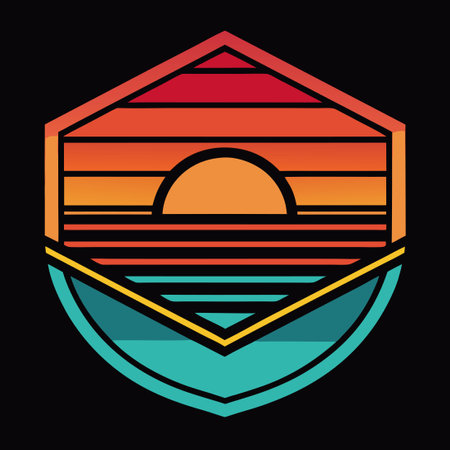 Retro Sunset Ocean Circle Badges with Abstract Geometric Patternsのイラスト素材
