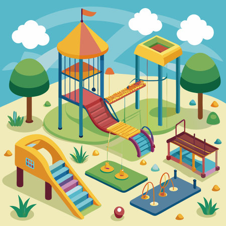 Children Enjoying Fun and Adventure on Playground Carousels and Swingsのイラスト素材