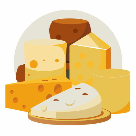 Assortment of Classic Cheese Varieties Displayed on Rustic Wooden Tabletopのイラスト素材
