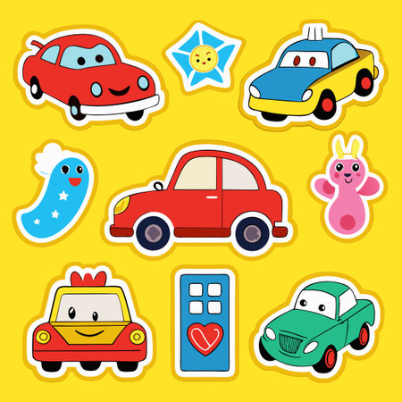 Adorable Cartoon Car Decals on a Vibrant Yellow Canvasのイラスト素材