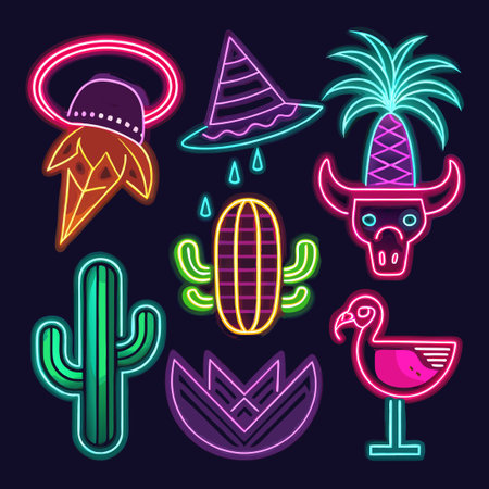 Nostalgic Neon Cactus Sign Illuminating the Night with a Retro Glowのイラスト素材